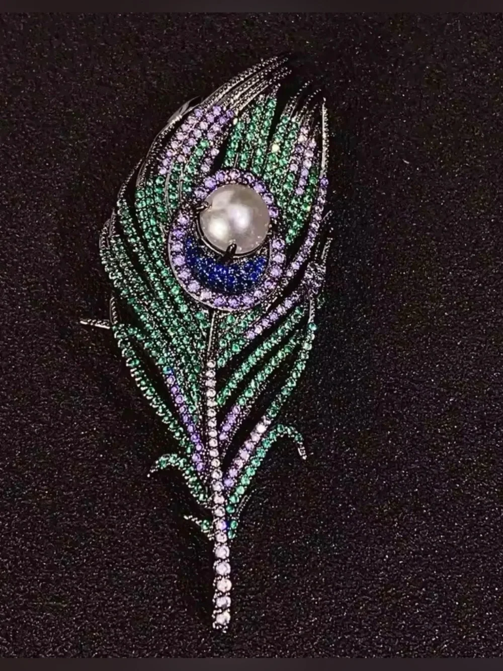 Anthropologie Peacock Feather Pearl Brooch Green Purple NWOT
